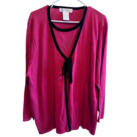 Studio Collection Women Red Sweater Black Velvet Trim Tie Plus Size 2X - Picture 1 of 8